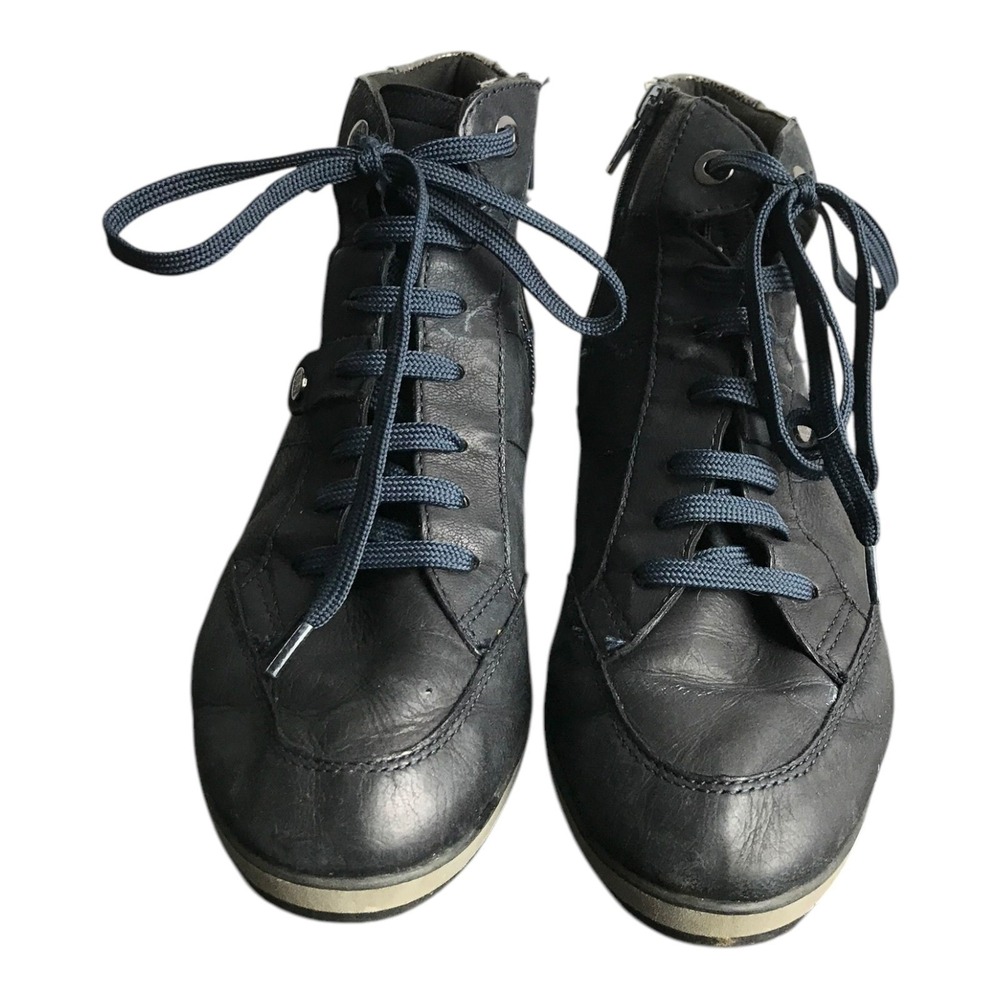GEOX‎ Navy Italian Leather Wedge High Top Sneakers Women US 8 Lace Up Zip Side